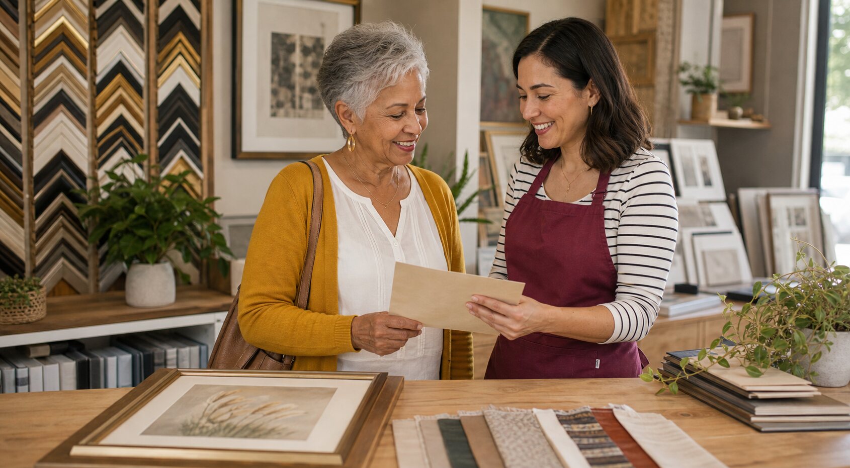 Local shop owner smiling with a customer while handing over a payment envelope without a screen in view