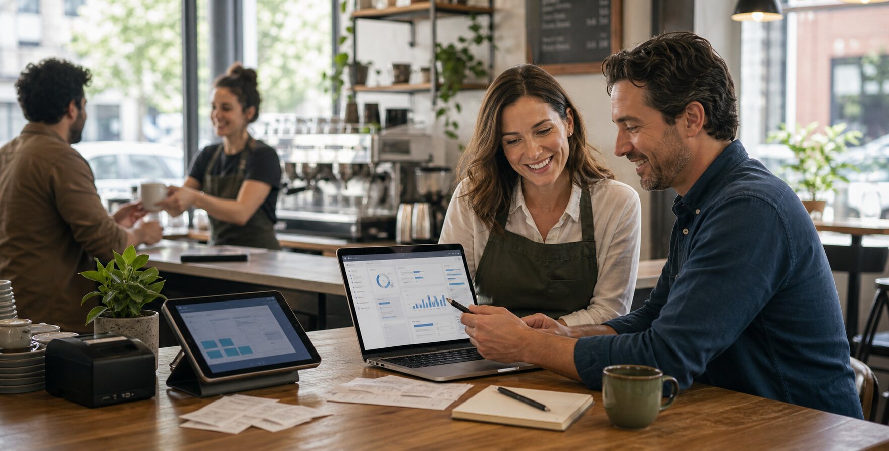 Cafe owner and manager smiling while reviewing the month-end close on a laptop at the counter