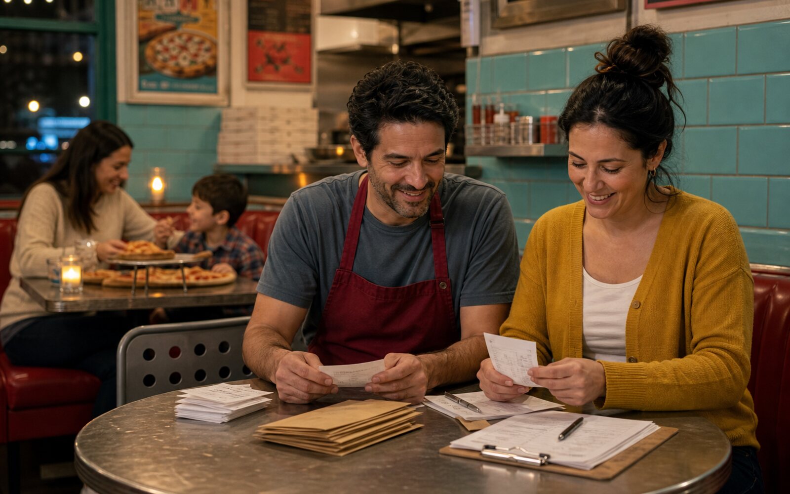 Cafe teammates sorting receipts after hours while a parent and child eat in the background