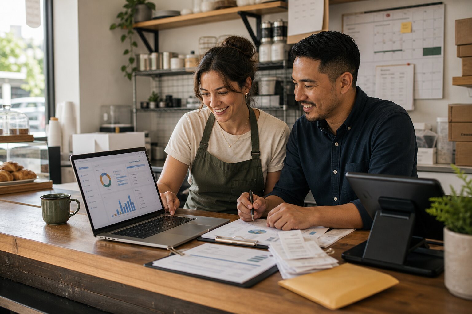 Cafe owner and bookkeeper calmly reviewing the morning close brief