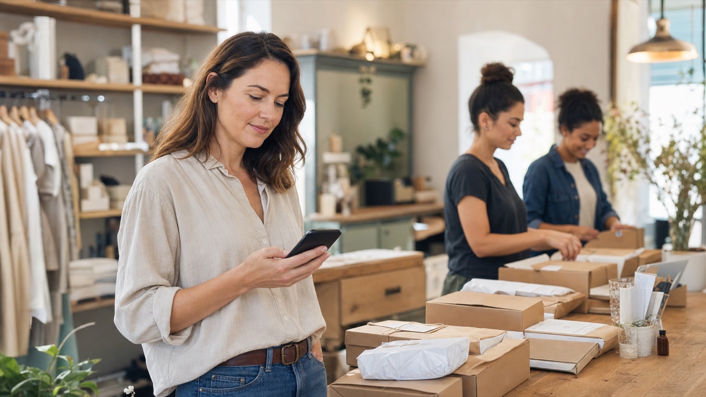 Boutique owner checking a daily brief while the team prepares customer orders