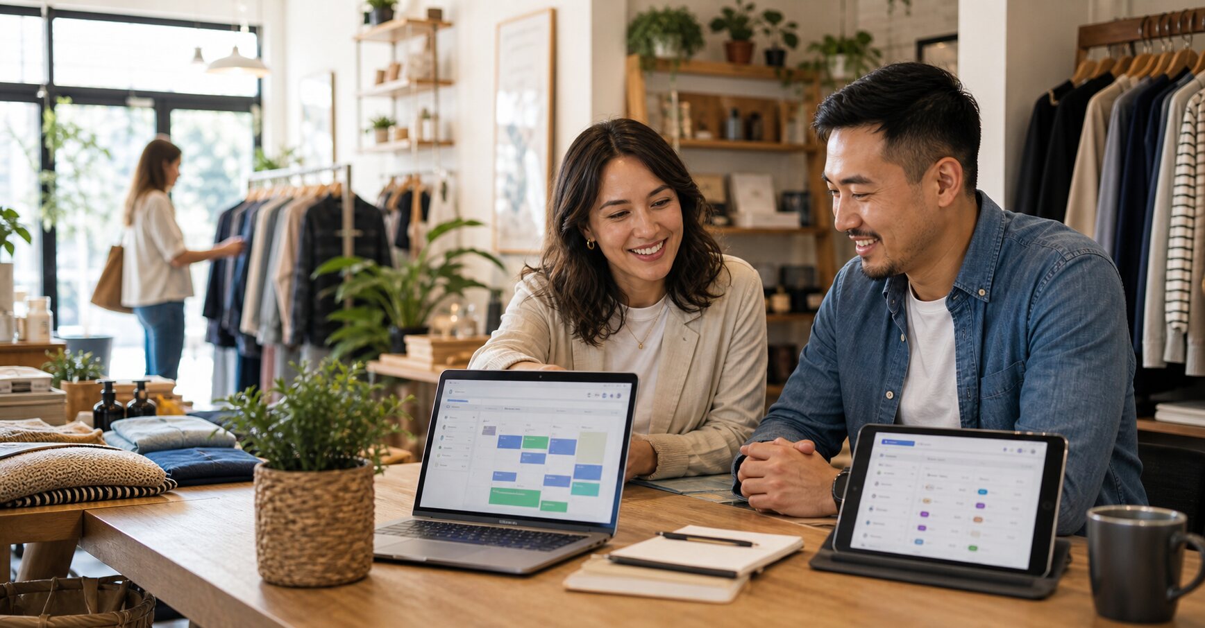 Owner and recruiter reviewing a live hiring dashboard on a laptop and tablet